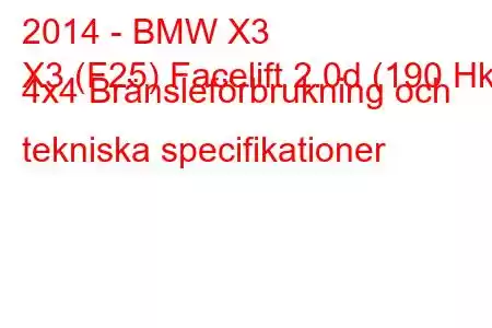 2014 - BMW X3
X3 (F25) Facelift 2.0d (190 Hk) 4x4 Bränsleförbrukning och tekniska specifikationer