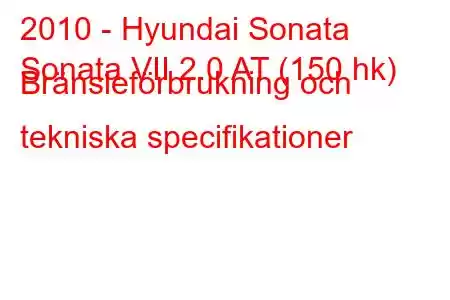 2010 - Hyundai Sonata
Sonata VII 2.0 AT (150 hk) Bränsleförbrukning och tekniska specifikationer