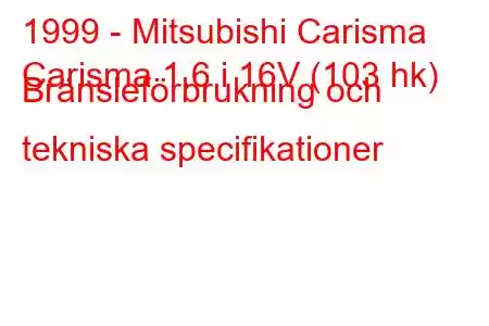 1999 - Mitsubishi Carisma
Carisma 1.6 i 16V (103 hk) Bränsleförbrukning och tekniska specifikationer