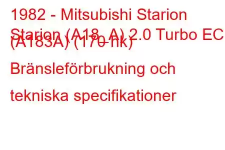 1982 - Mitsubishi Starion
Starion (A18_A) 2.0 Turbo ECi (A183A) (170 hk) Bränsleförbrukning och tekniska specifikationer