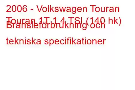 2006 - Volkswagen Touran
Touran 1T 1.4 TSI (140 hk) Bränsleförbrukning och tekniska specifikationer