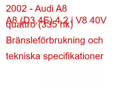 2002 - Audi A8
A8 (D3,4E) 4.2 i V8 40V quattro (335 hk) Bränsleförbrukning och tekniska specifikationer