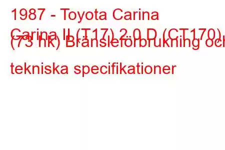 1987 - Toyota Carina
Carina II (T17) 2.0 D (CT170) (73 hk) Bränsleförbrukning och tekniska specifikationer