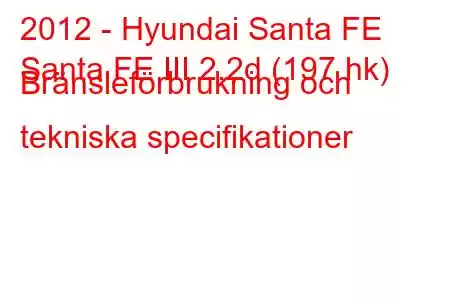 2012 - Hyundai Santa FE
Santa FE III 2.2d (197 hk) Bränsleförbrukning och tekniska specifikationer