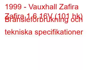 1999 - Vauxhall Zafira
Zafira 1.6 16V (101 hk) Bränsleförbrukning och tekniska specifikationer