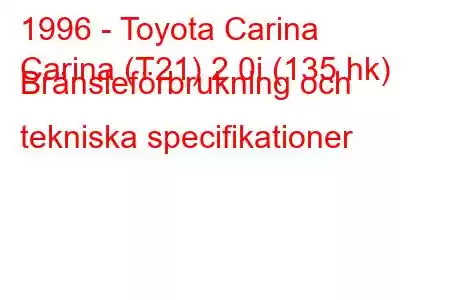 1996 - Toyota Carina
Carina (T21) 2.0i (135 hk) Bränsleförbrukning och tekniska specifikationer