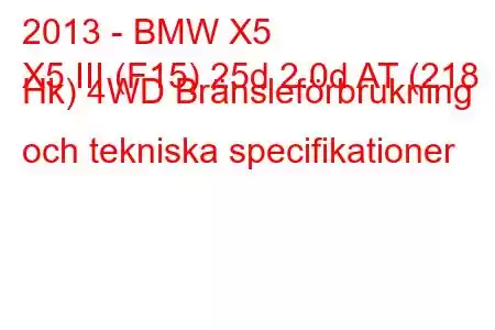 2013 - BMW X5
X5 III (F15) 25d 2.0d AT (218 Hk) 4WD Bränsleförbrukning och tekniska specifikationer