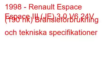 1998 - Renault Espace
Espace III (JE) 3.0 V6 24V (190 hk) Bränsleförbrukning och tekniska specifikationer