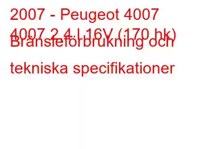 2007 - Peugeot 4007
4007 2,4 l 16V (170 hk) Bränsleförbrukning och tekniska specifikationer