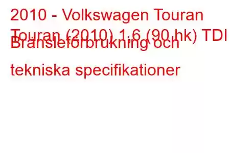 2010 - Volkswagen Touran
Touran (2010) 1,6 (90 hk) TDI Bränsleförbrukning och tekniska specifikationer