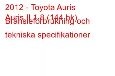 2012 - Toyota Auris
Auris II 1.8 (144 hk) Bränsleförbrukning och tekniska specifikationer