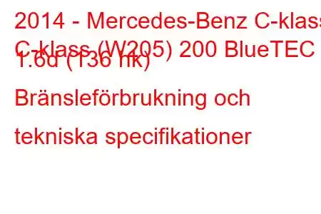 2014 - Mercedes-Benz C-klass
C-klass (W205) 200 BlueTEC 1.6d (136 hk) Bränsleförbrukning och tekniska specifikationer