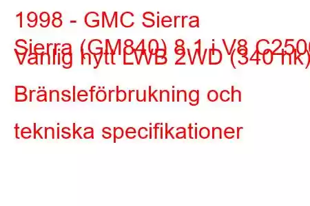 1998 - GMC Sierra
Sierra (GM840) 8.1 i V8 C2500 Vanlig hytt LWB 2WD (340 hk) Bränsleförbrukning och tekniska specifikationer