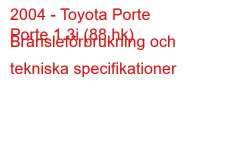 2004 - Toyota Porte
Porte 1.3i (88 hk) Bränsleförbrukning och tekniska specifikationer