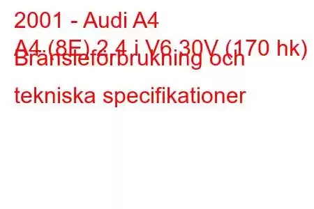 2001 - Audi A4
A4 (8E) 2.4 i V6 30V (170 hk) Bränsleförbrukning och tekniska specifikationer