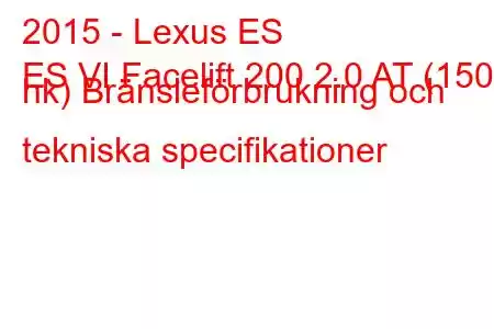 2015 - Lexus ES
ES VI Facelift 200 2.0 AT (150 hk) Bränsleförbrukning och tekniska specifikationer