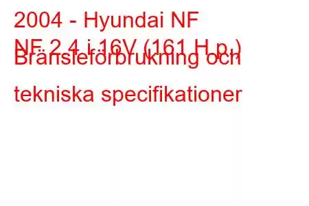 2004 - Hyundai NF
NF 2.4 i 16V (161 H.p.) Bränsleförbrukning och tekniska specifikationer