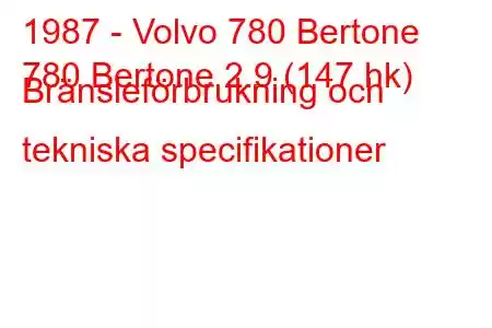 1987 - Volvo 780 Bertone
780 Bertone 2.9 (147 hk) Bränsleförbrukning och tekniska specifikationer