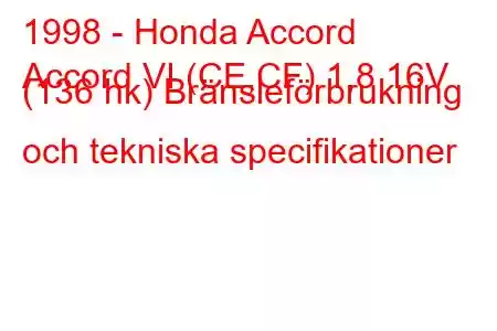 1998 - Honda Accord
Accord VI (CE,CF) 1,8 16V (136 hk) Bränsleförbrukning och tekniska specifikationer