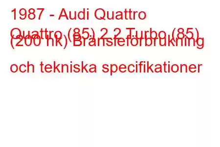 1987 - Audi Quattro
Quattro (85) 2.2 Turbo (85) (200 hk) Bränsleförbrukning och tekniska specifikationer