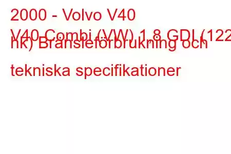 2000 - Volvo V40
V40 Combi (VW) 1,8 GDI (122 hk) Bränsleförbrukning och tekniska specifikationer