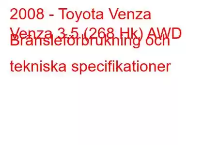 2008 - Toyota Venza
Venza 3,5 (268 Hk) AWD Bränsleförbrukning och tekniska specifikationer