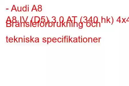 - Audi A8
A8 IV (D5) 3.0 AT (340 hk) 4x4 Bränsleförbrukning och tekniska specifikationer