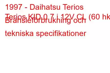 1997 - Daihatsu Terios
Terios KID 0.7 i 12V CL (60 hk) Bränsleförbrukning och tekniska specifikationer