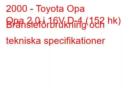 2000 - Toyota Opa
Opa 2.0 i 16V D-4 (152 hk) Bränsleförbrukning och tekniska specifikationer