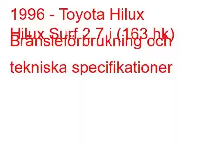 1996 - Toyota Hilux
Hilux Surf 2.7 i (163 hk) Bränsleförbrukning och tekniska specifikationer