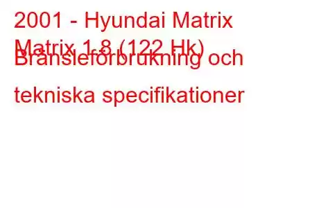 2001 - Hyundai Matrix
Matrix 1.8 (122 Hk) Bränsleförbrukning och tekniska specifikationer