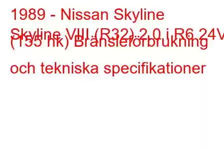 1989 - Nissan Skyline
Skyline VIII (R32) 2.0 i R6 24V (155 hk) Bränsleförbrukning och tekniska specifikationer