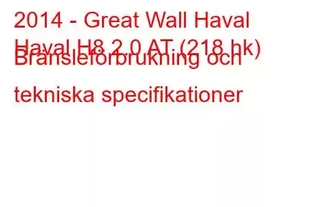 2014 - Great Wall Haval
Haval H8 2.0 AT (218 hk) Bränsleförbrukning och tekniska specifikationer