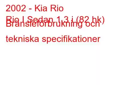 2002 - Kia Rio
Rio I Sedan 1.3 i (82 hk) Bränsleförbrukning och tekniska specifikationer