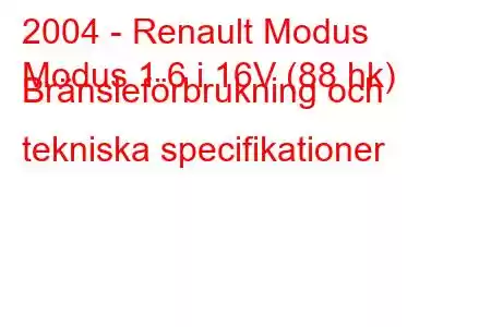 2004 - Renault Modus
Modus 1.6 i 16V (88 hk) Bränsleförbrukning och tekniska specifikationer