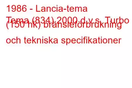 1986 - Lancia-tema
Tema (834) 2000 d.v.s. Turbo (150 hk) bränsleförbrukning och tekniska specifikationer