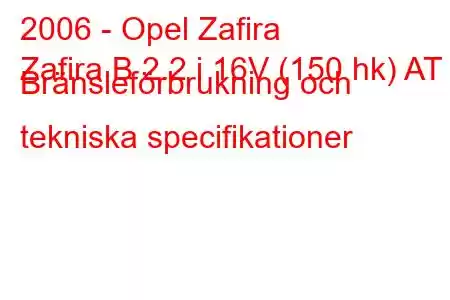 2006 - Opel Zafira
Zafira B 2.2 i 16V (150 hk) AT Bränsleförbrukning och tekniska specifikationer