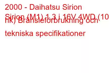 2000 - Daihatsu Sirion
Sirion (M1) 1.3 i 16V 4WD (102 hk) Bränsleförbrukning och tekniska specifikationer