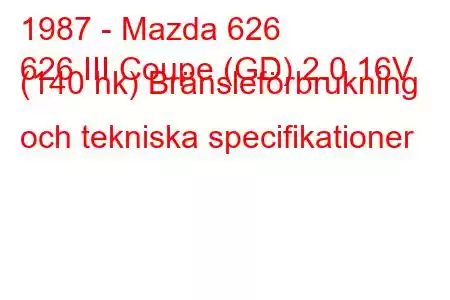 1987 - Mazda 626
626 III Coupe (GD) 2.0 16V (140 hk) Bränsleförbrukning och tekniska specifikationer