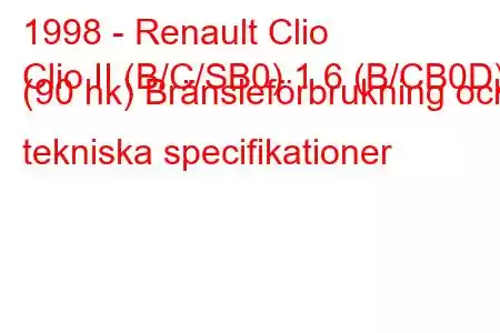 1998 - Renault Clio
Clio II (B/C/SB0) 1.6 (B/CB0D) (90 hk) Bränsleförbrukning och tekniska specifikationer