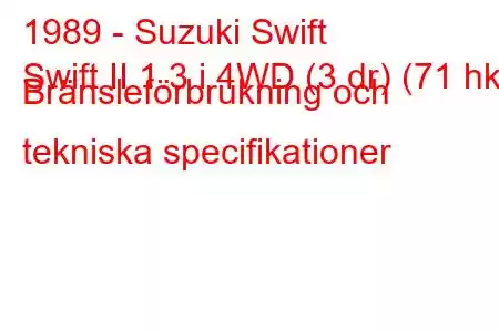 1989 - Suzuki Swift
Swift II 1.3 i 4WD (3 dr) (71 hk) Bränsleförbrukning och tekniska specifikationer