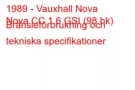 1989 - Vauxhall Nova
Nova CC 1.6 GSI (98 hk) Bränsleförbrukning och tekniska specifikationer