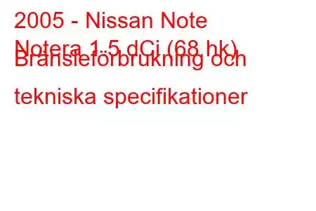 2005 - Nissan Note
Notera 1.5 dCi (68 hk) Bränsleförbrukning och tekniska specifikationer