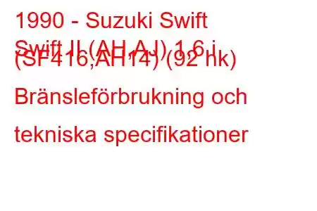 1990 - Suzuki Swift
Swift II (AH,AJ) 1,6 i (SF416,AH14) (92 hk) Bränsleförbrukning och tekniska specifikationer