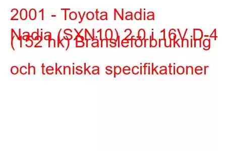 2001 - Toyota Nadia
Nadia (SXN10) 2.0 i 16V D-4 (152 hk) Bränsleförbrukning och tekniska specifikationer