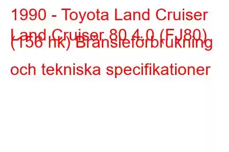 1990 - Toyota Land Cruiser
Land Cruiser 80 4.0 (FJ80) (156 hk) Bränsleförbrukning och tekniska specifikationer