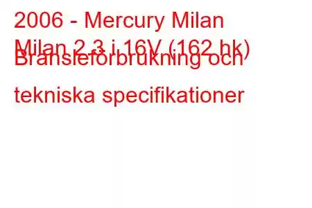 2006 - Mercury Milan
Milan 2.3 i 16V (162 hk) Bränsleförbrukning och tekniska specifikationer