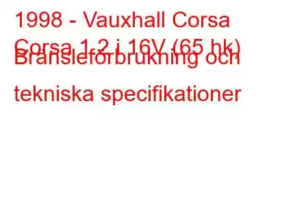 1998 - Vauxhall Corsa
Corsa 1.2 i 16V (65 hk) Bränsleförbrukning och tekniska specifikationer