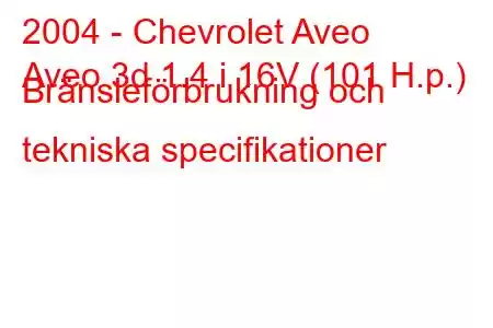 2004 - Chevrolet Aveo
Aveo 3d 1.4 i 16V (101 H.p.) Bränsleförbrukning och tekniska specifikationer