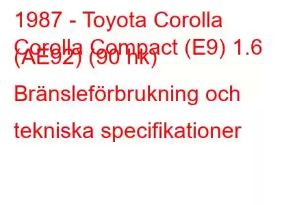 1987 - Toyota Corolla
Corolla Compact (E9) 1.6 (AE92) (90 hk) Bränsleförbrukning och tekniska specifikationer